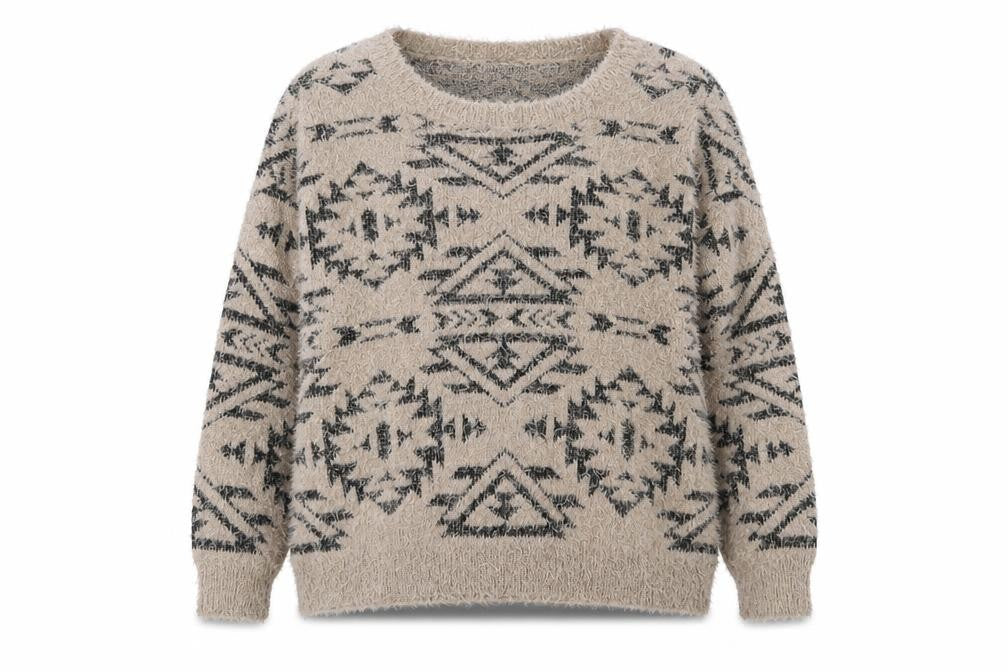 Marks & Spencer Womens Beige Boat Neck Geometric Polyester Pullover Jumper Size 16
