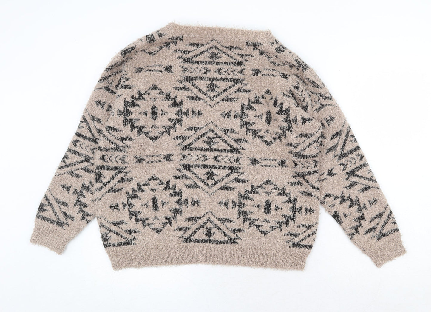Marks and Spencer Womens Beige Boat Neck Geometric Polyester Pullover Jumper Size 16
