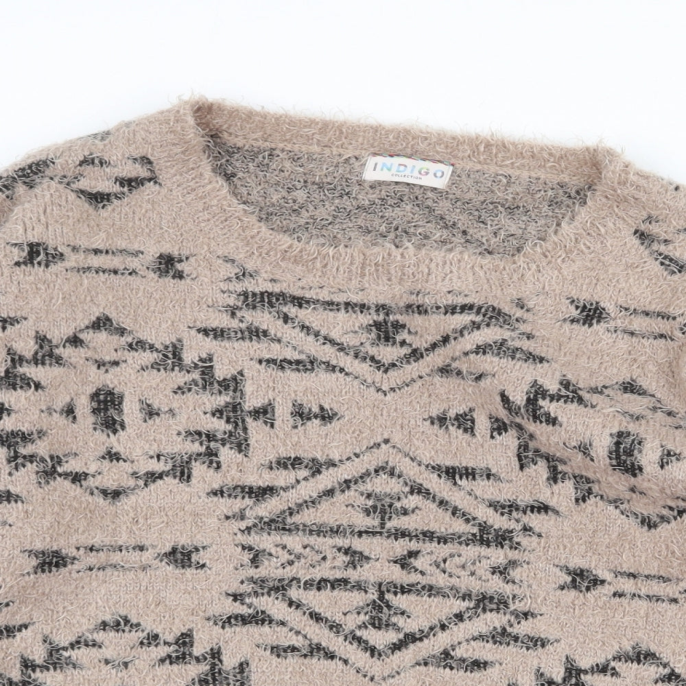 Marks and Spencer Womens Beige Boat Neck Geometric Polyester Pullover Jumper Size 16