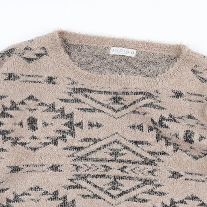 Marks & Spencer Womens Beige Boat Neck Geometric Polyester Pullover Jumper Size 16