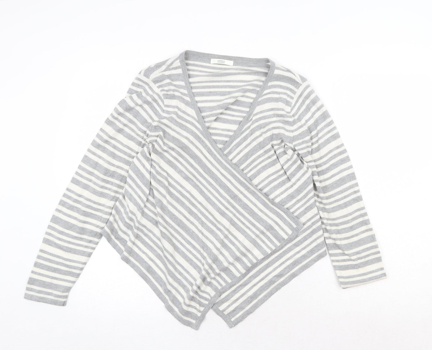 Marks and Spencer Womens Grey V-Neck Striped Acrylic Cardigan Jumper Size 12