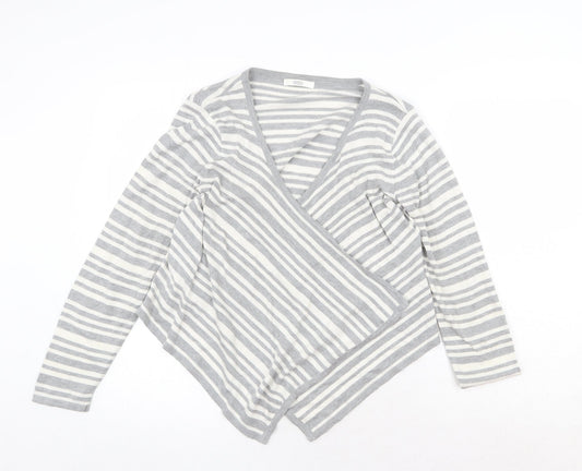 Marks and Spencer Womens Grey V-Neck Striped Acrylic Cardigan Jumper Size 12