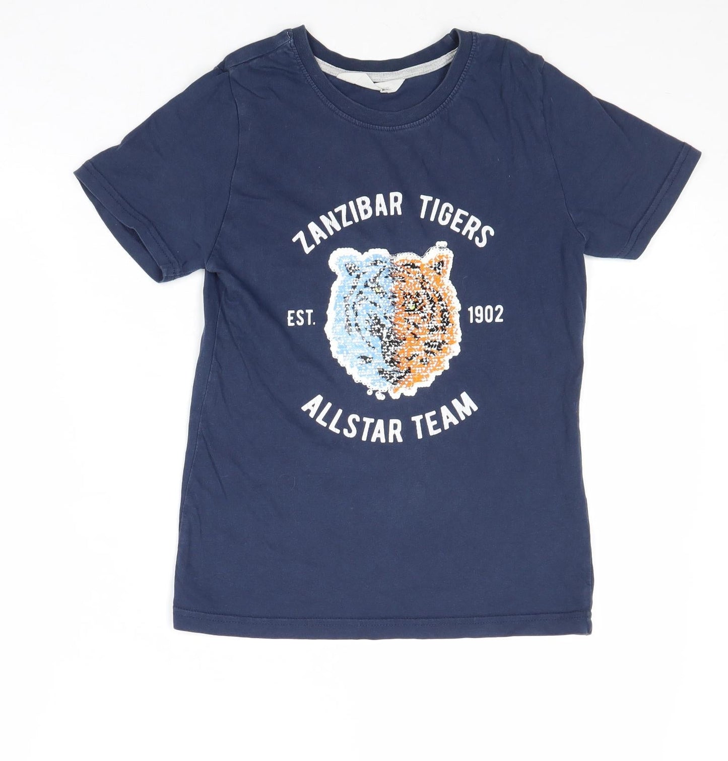 H&M Boys Blue Cotton Basic T-Shirt Size 9-10 Years Round Neck Pullover - Zanzibar Tigers