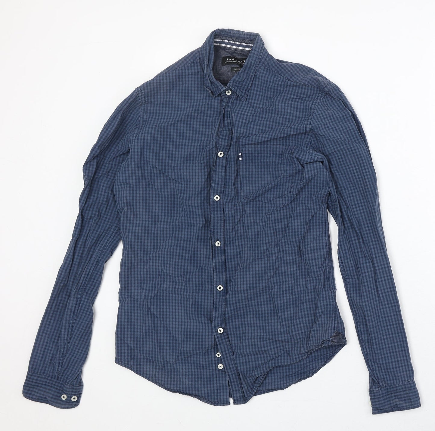 Zara Mens Blue Check Cotton Button-Up Size S Collared Button