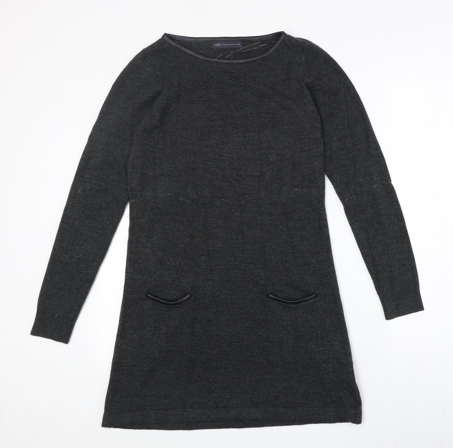 Marks and Spencer Womens Grey Acrylic Jumper Dress Size 8 Round Neck Pullover