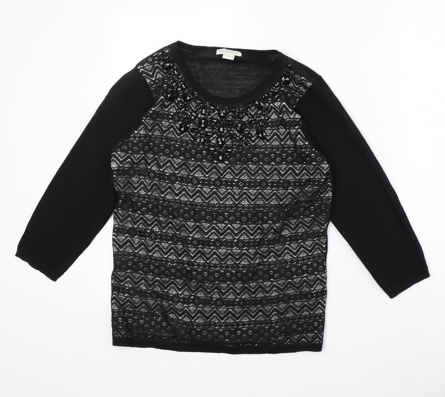 Monsoon Womens Black Boat Neck Geometric Acrylic Pullover Jumper Size 12 - Embellished Neckline