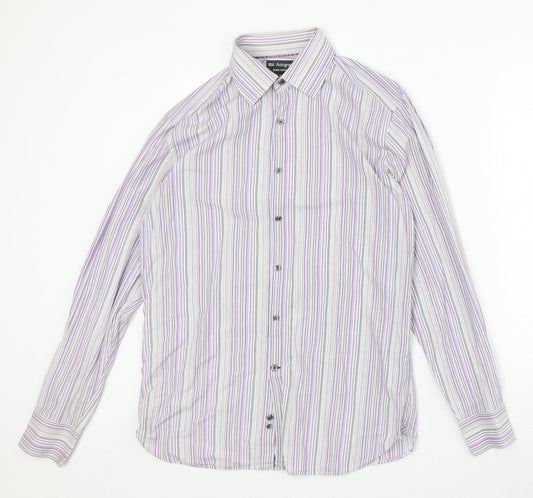 Marks and Spencer Mens Grey Striped Cotton Button-Up Size 15.5 Collared Button