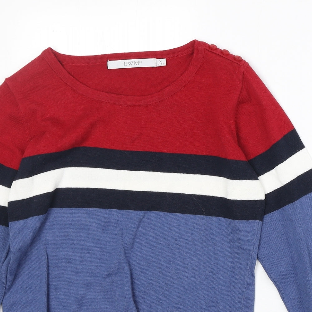 EWM Womens Multicoloured Round Neck Striped 100% Cotton Pullover Jumper Size S