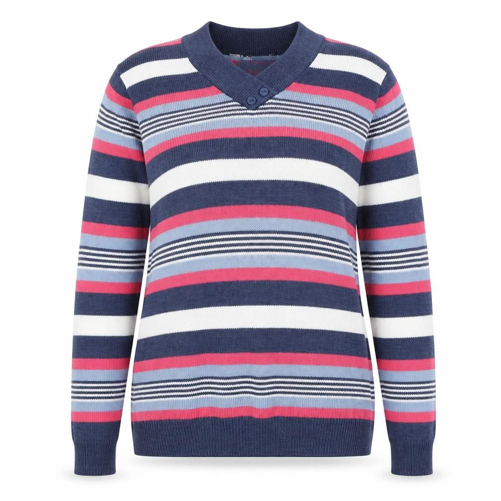 EWM Womens Multicoloured V-Neck Striped Acrylic Pullover Jumper Size S