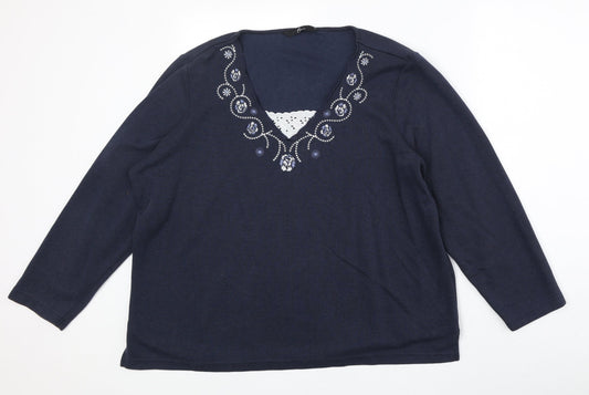 Bonmarché Womens Blue V-Neck Polyester Pullover Jumper Size L