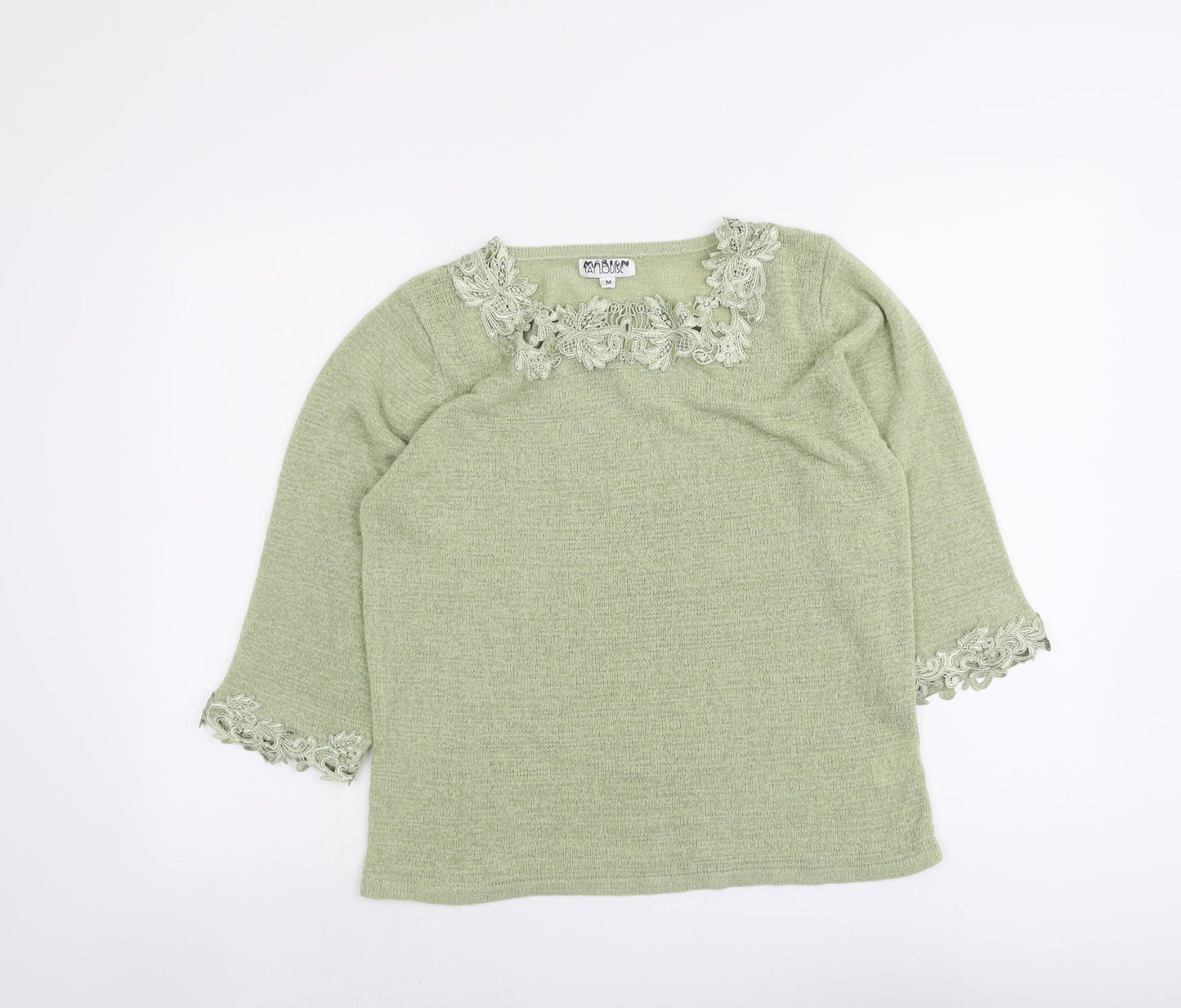 Fay Louise Womens Green Boat Neck Acrylic Pullover Jumper Size M - Crocheted Lace Trim