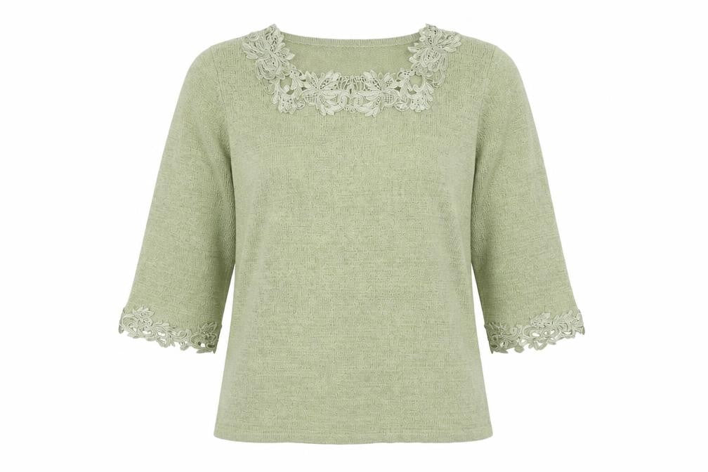 Fay Louise Womens Green Boat Neck Acrylic Pullover Jumper Size M - Crocheted Lace Trim