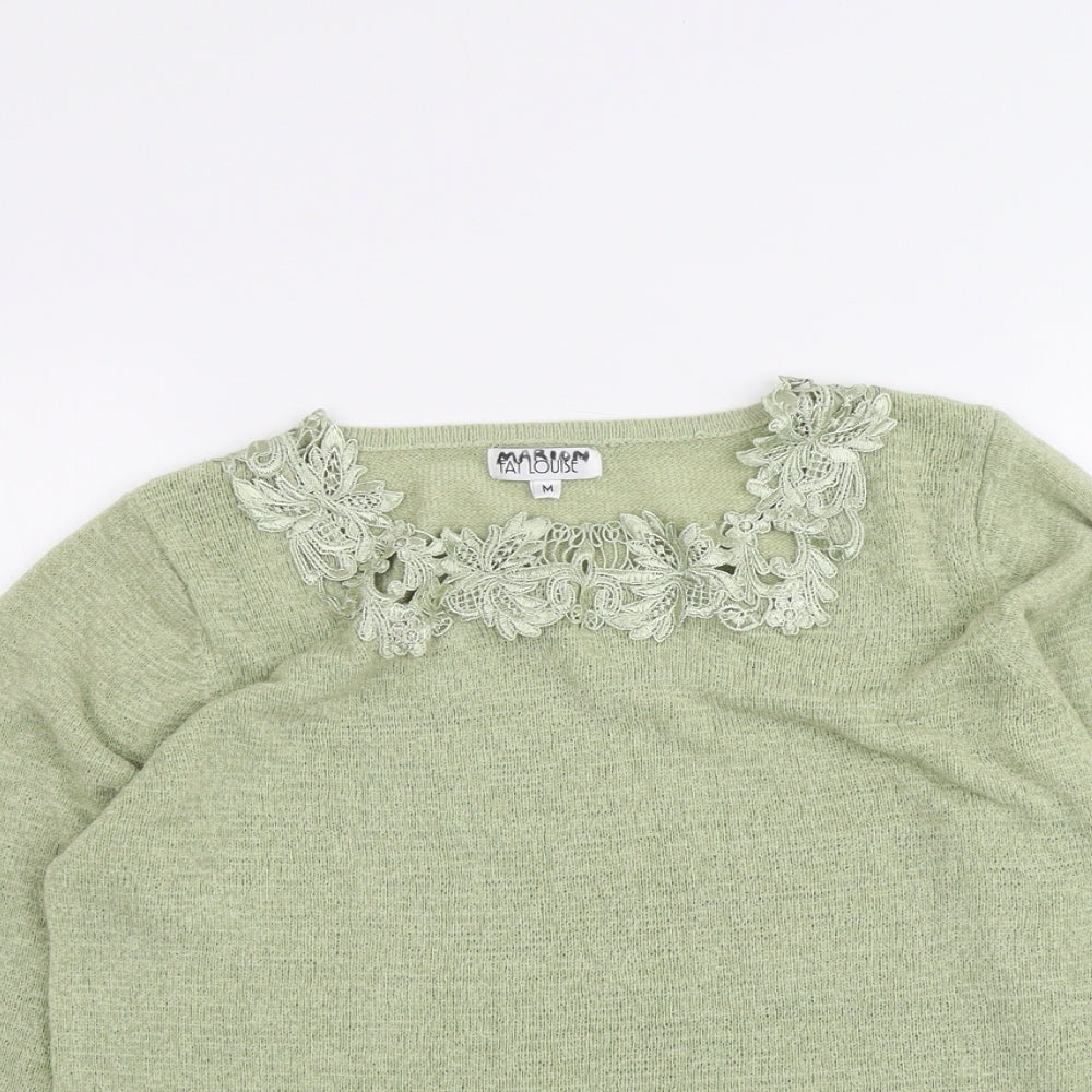 Fay Louise Womens Green Boat Neck Acrylic Pullover Jumper Size M - Crocheted Lace Trim