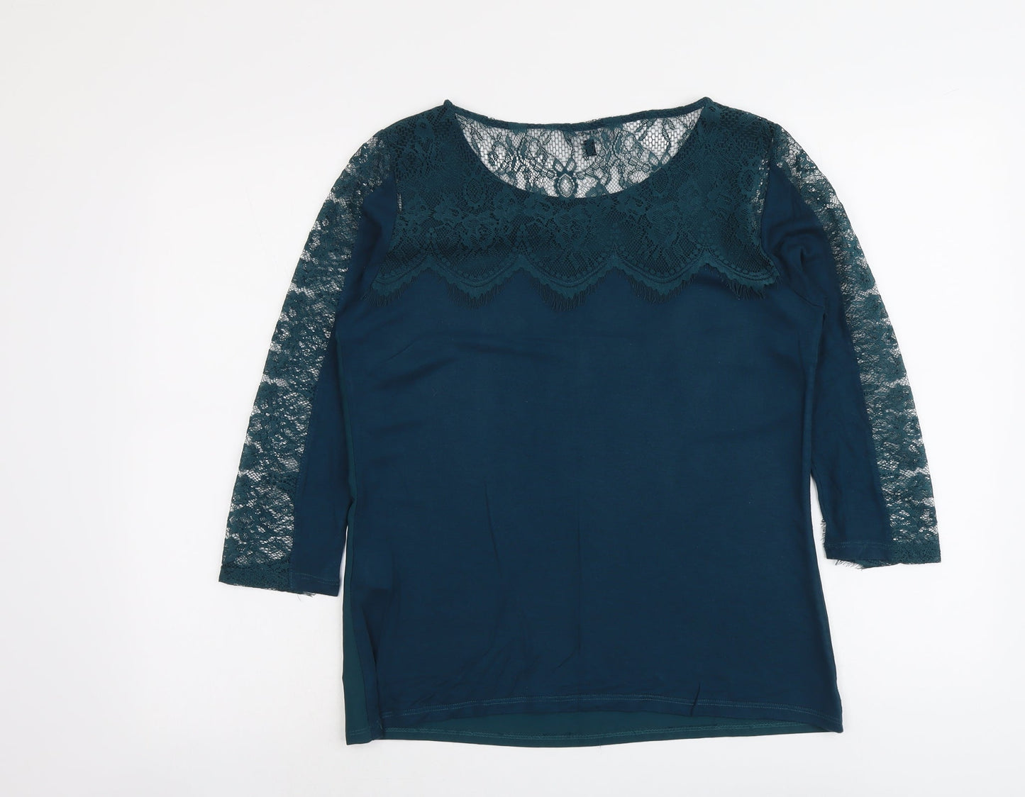 Warehouse Womens Green Viscose Basic Blouse Size 12 Round Neck - Lace Details
