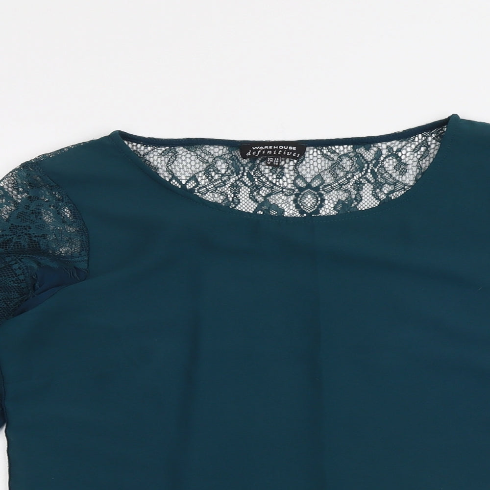Warehouse Womens Green Viscose Basic Blouse Size 12 Round Neck - Lace Details