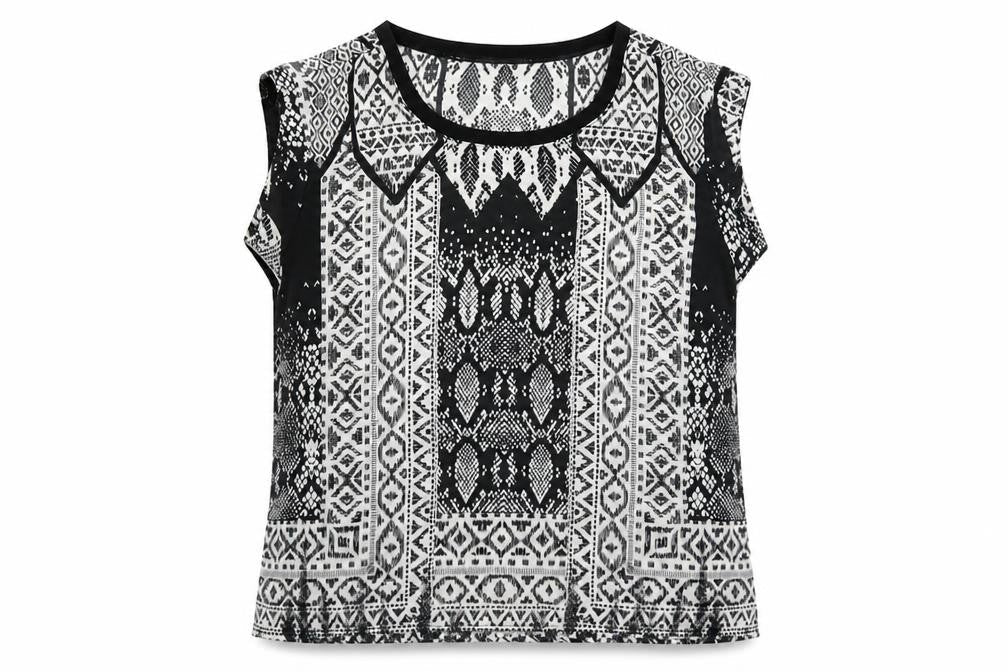 Mango Womens Black Geometric Polyester Basic T-Shirt Size L Round Neck
