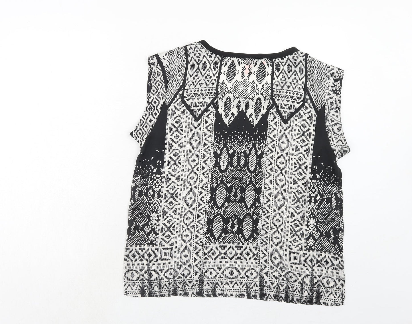 Mango Womens Black Geometric Polyester Basic T-Shirt Size L Round Neck