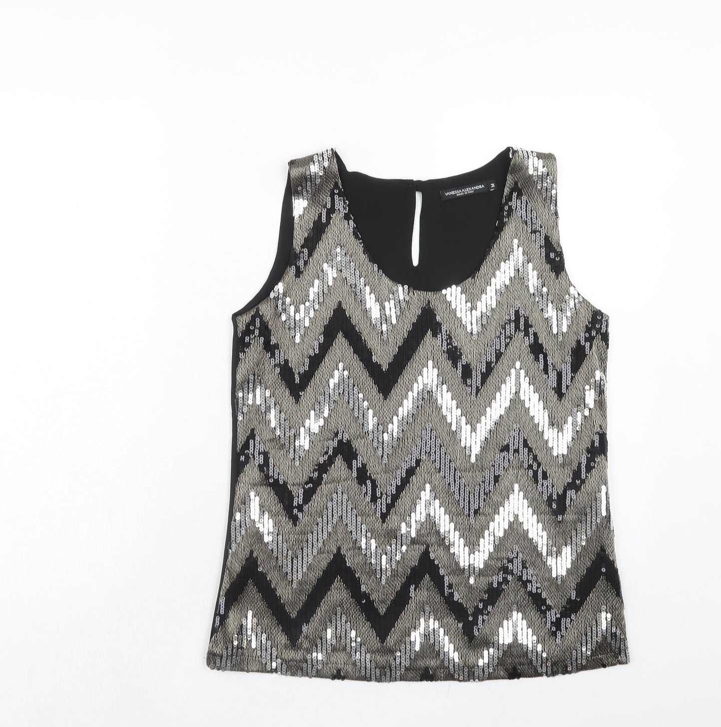 Vanessa Alexandra Womens Black Geometric Polyester Basic Tank Size M Round Neck
