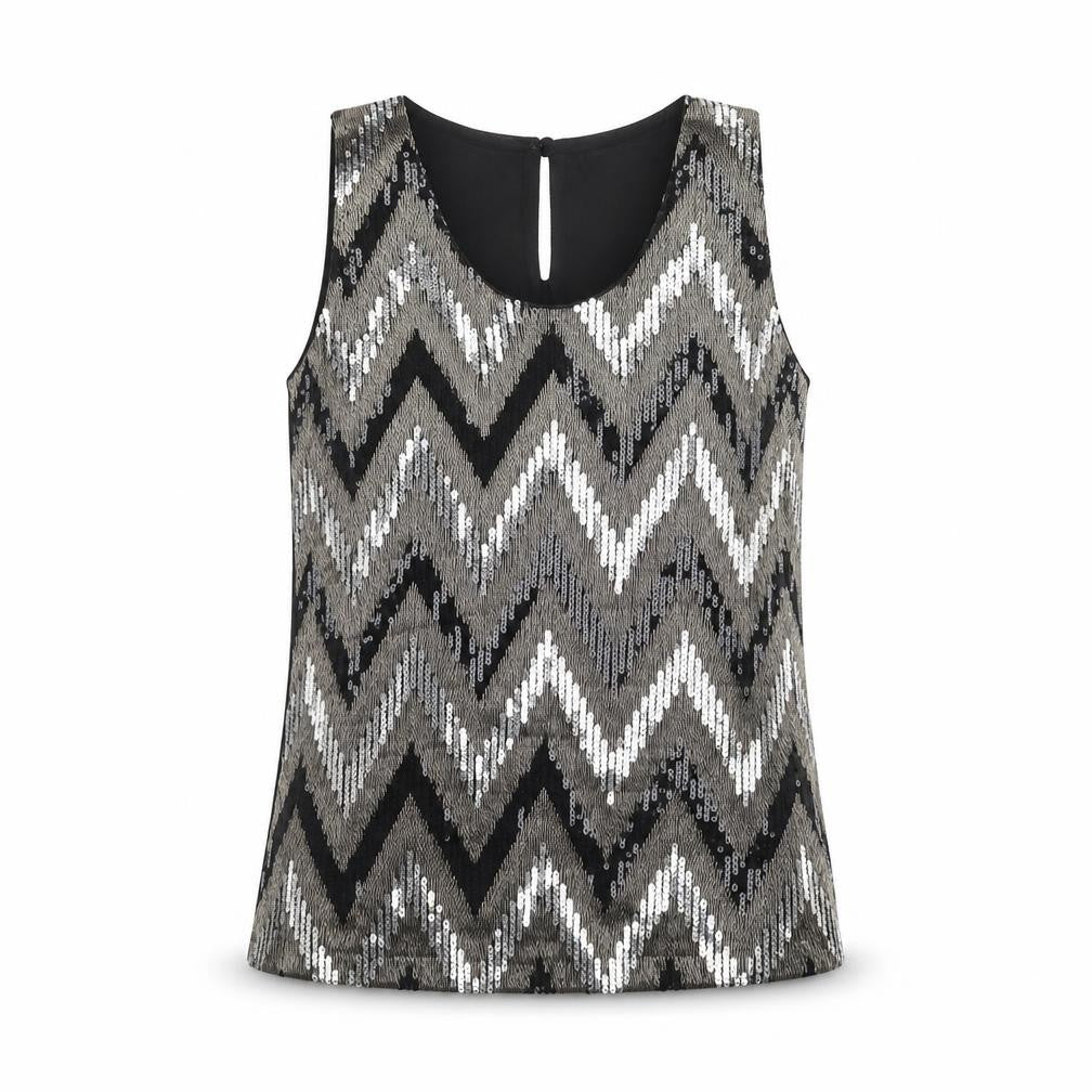 Vanessa Alexandra Womens Black Geometric Polyester Basic Tank Size M Round Neck
