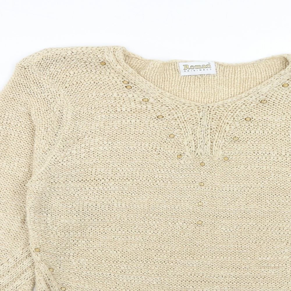Roman Womens Beige V-Neck Acrylic Pullover Jumper Size S