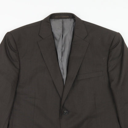 Close-up detail of French Connection men’s brown polyester jacket suit jacket, size 42, regular