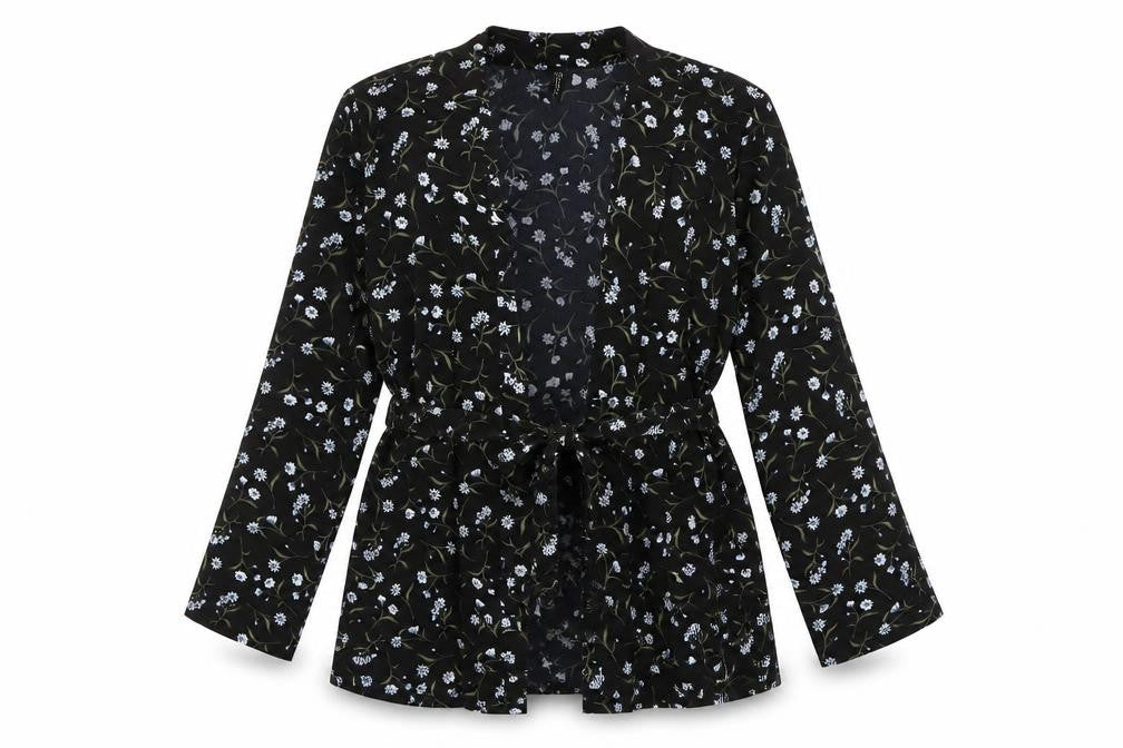 H&M Womens Black Floral Polyester Kimono Blouse Size S V-Neck
