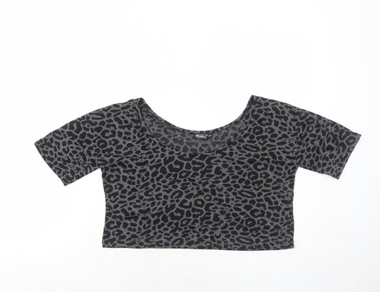 OKAY Womens Grey Animal Print Polyester Cropped T-Shirt Size 8 Round Neck - Leopard Print
