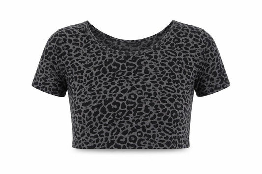 OKAY Womens Grey Animal Print Polyester Cropped T-Shirt Size 8 Round Neck - Leopard Print