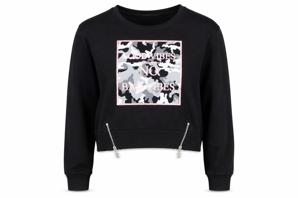 Select Girls Black Cotton Pullover Sweatshirt Size 12-13 Years Pullover - Good Vibes No Bad Vibes