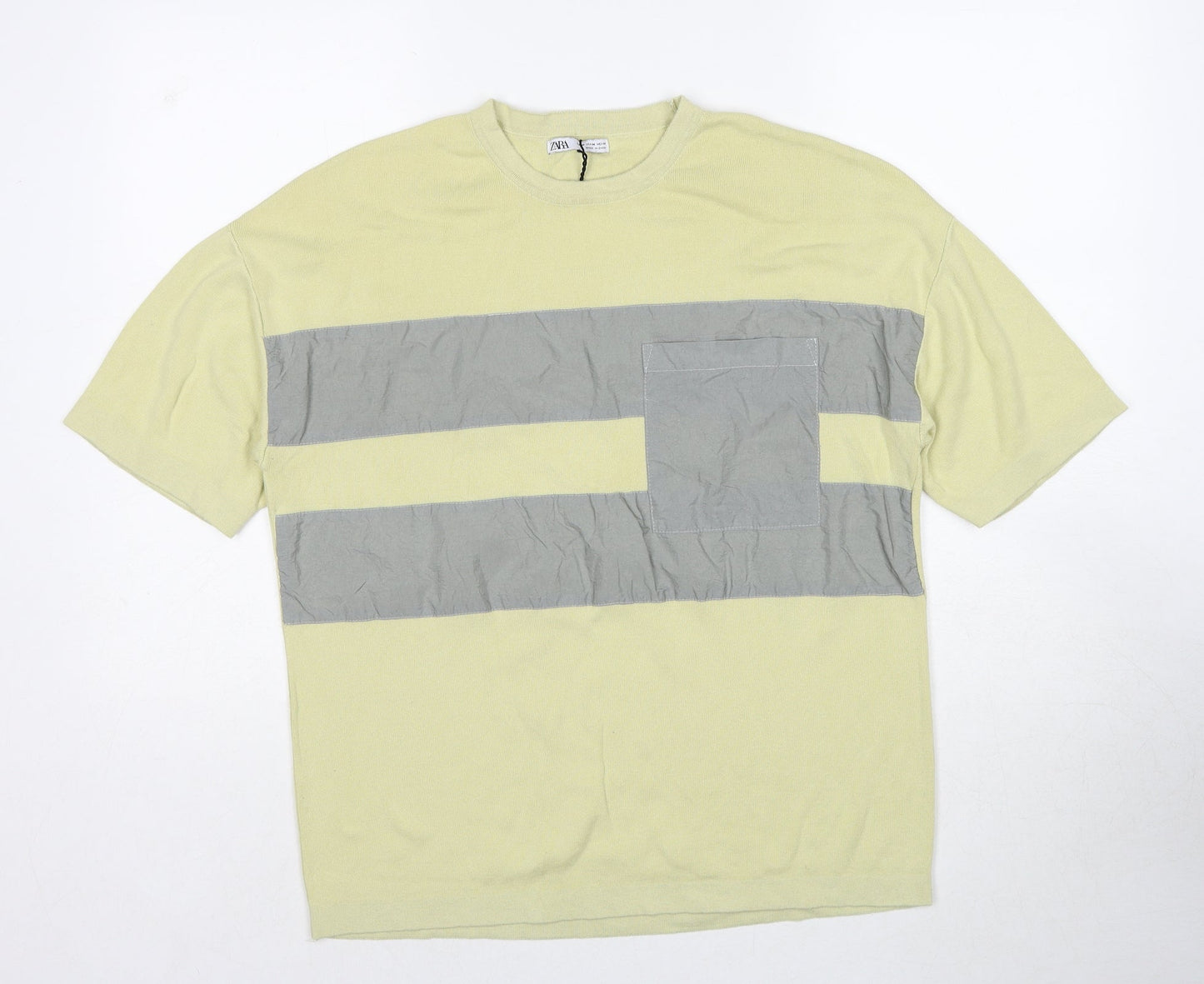 Zara Womens Green Striped Polyester Basic T-Shirt Size M Round Neck