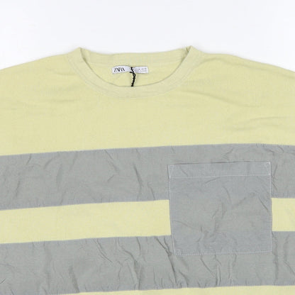 Zara Womens Green Striped Polyester Basic T-Shirt Size M Round Neck