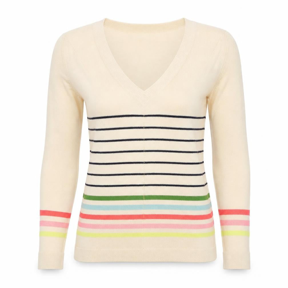 NEXT Womens Beige V-Neck Striped Viscose Pullover Jumper Size 8