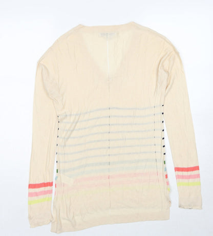 Next Womens Beige V-Neck Striped Viscose Pullover Jumper Size 8