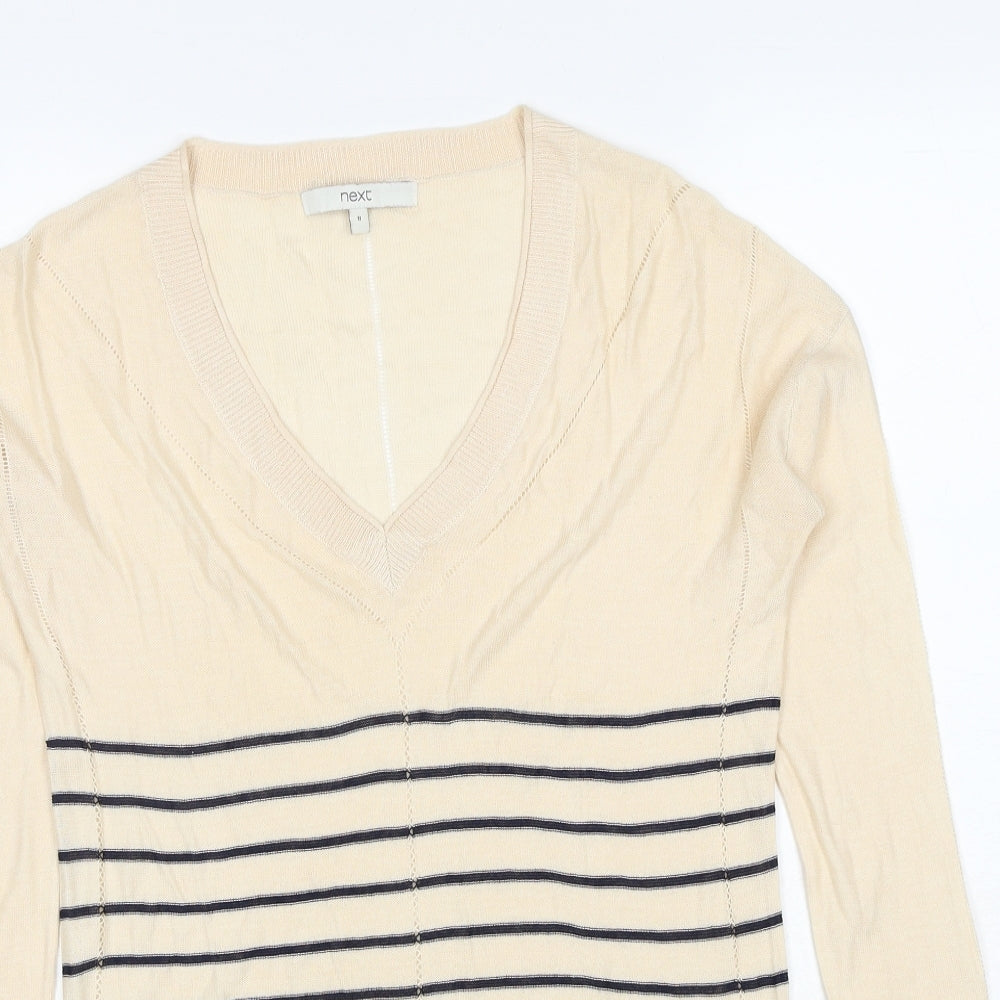 NEXT Womens Beige V-Neck Striped Viscose Pullover Jumper Size 8