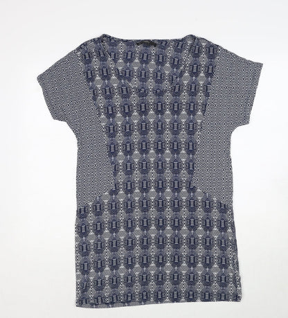 Next Womens Blue Geometric Viscose A-Line Size 12 Round Neck Pullover