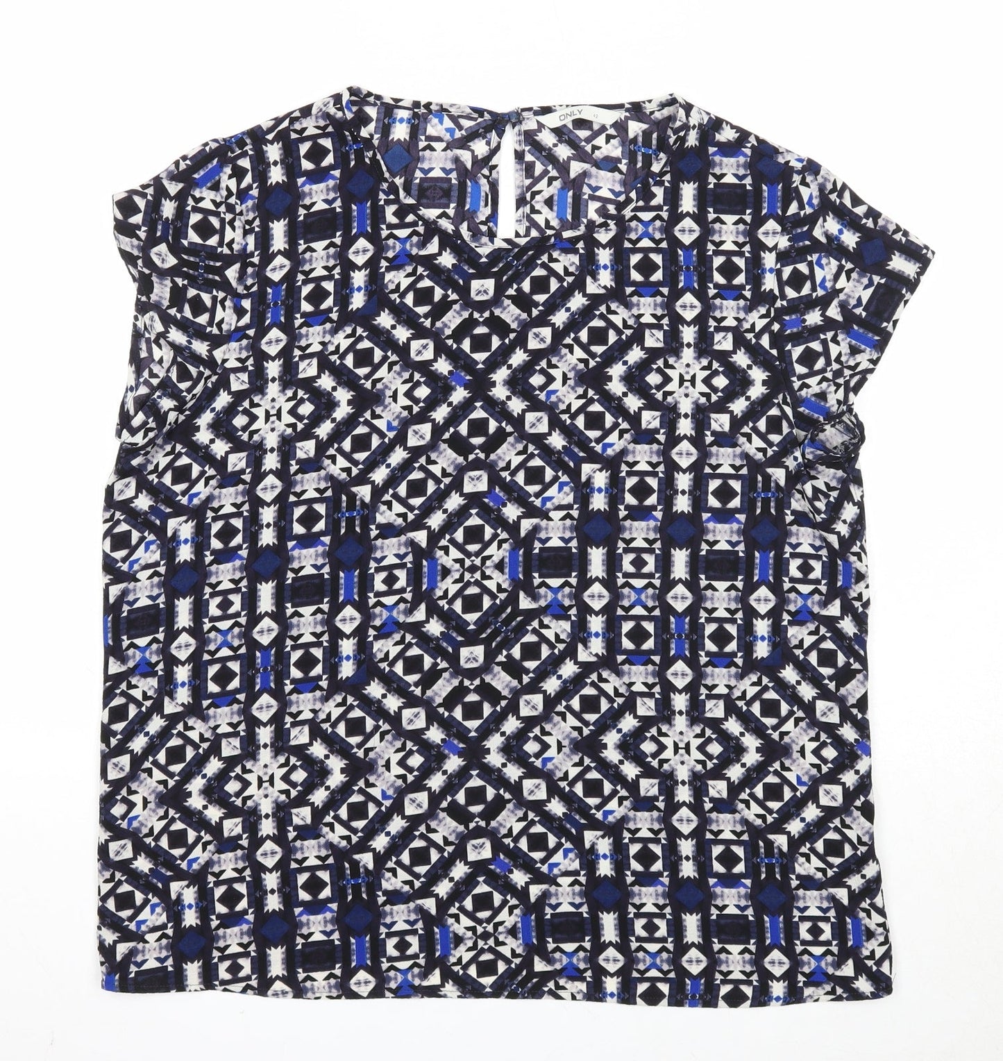 Only Womens Blue Geometric Polyester Basic Blouse Size 14 Round Neck