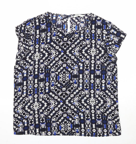 Only Womens Blue Geometric Polyester Basic Blouse Size 14 Round Neck
