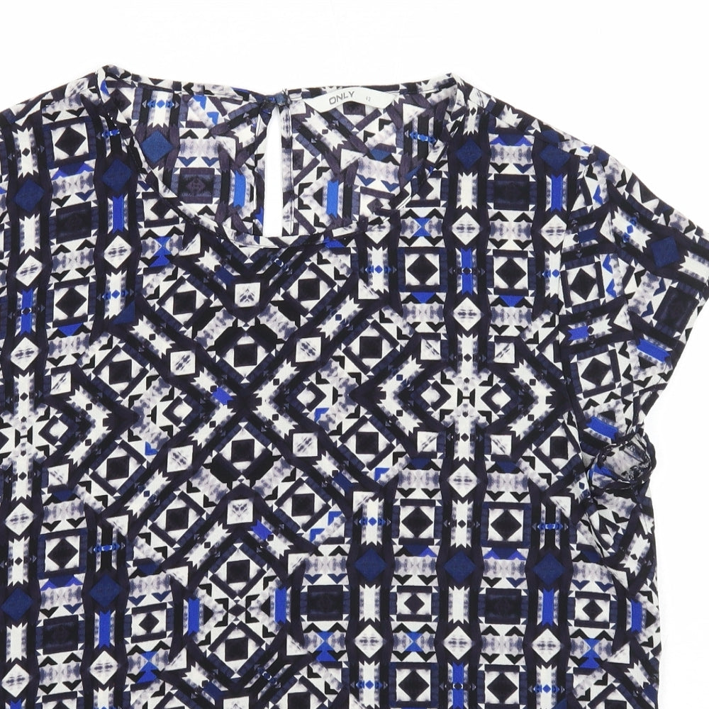 Only Womens Blue Geometric Polyester Basic Blouse Size 14 Round Neck
