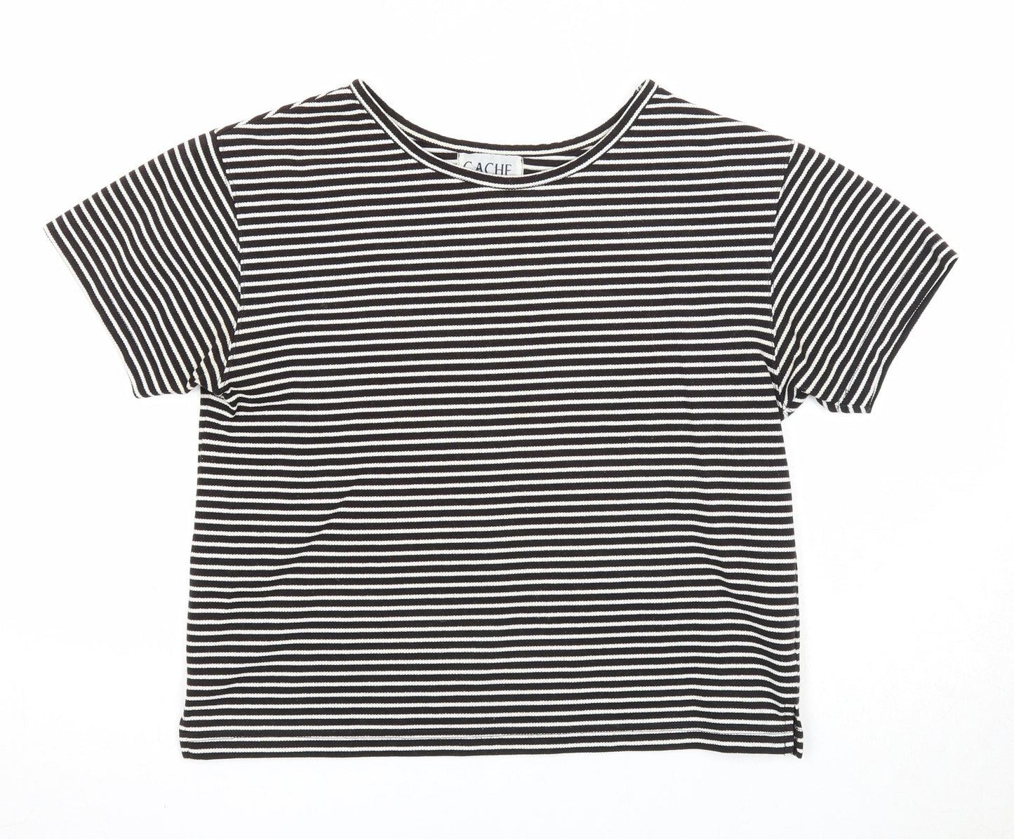 Cache Creek Womens Black Striped Polyester Basic T-Shirt Size M Round Neck