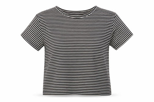 Cache Creek Womens Black Striped Polyester Basic T-Shirt Size M Round Neck