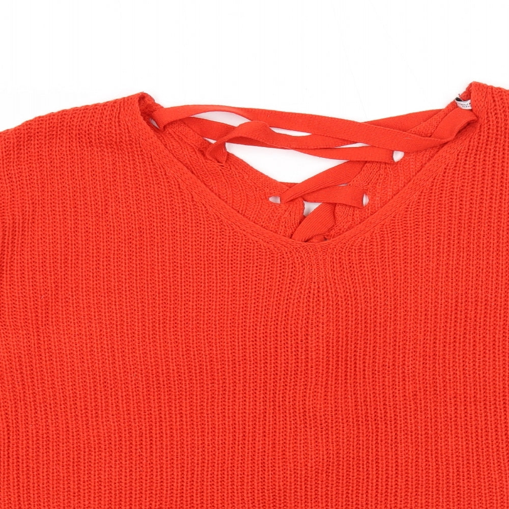 Capsule Womens Orange V-Neck Acrylic Pullover Jumper Size M