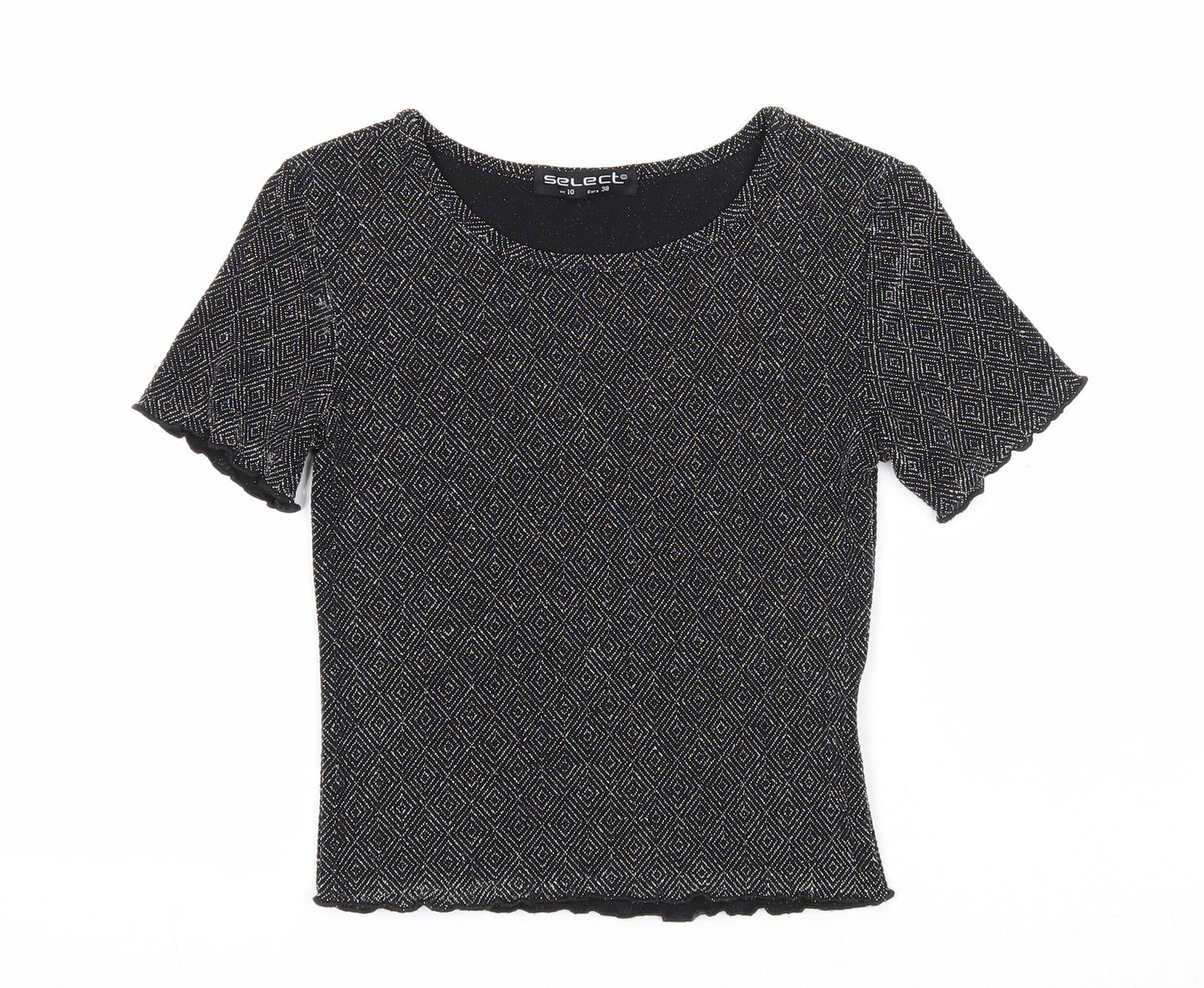 Select Womens Black Geometric Nylon Basic T-Shirt Size 10 Round Neck