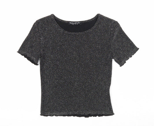 Select Womens Black Geometric Nylon Basic T-Shirt Size 10 Round Neck