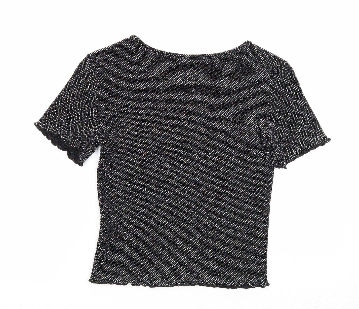 Select Womens Black Geometric Nylon Basic T-Shirt Size 10 Round Neck