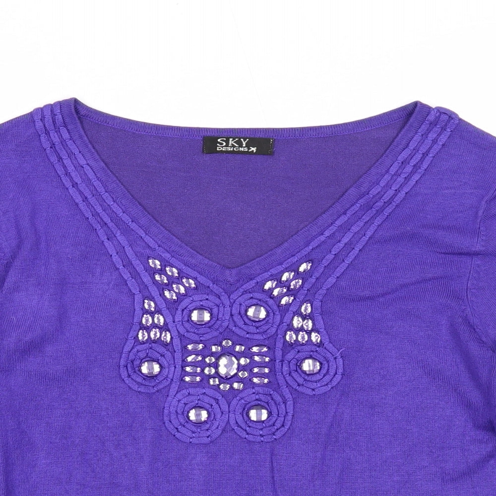 Sky Designs Womens Purple V-Neck Viscose Pullover Jumper Size 6