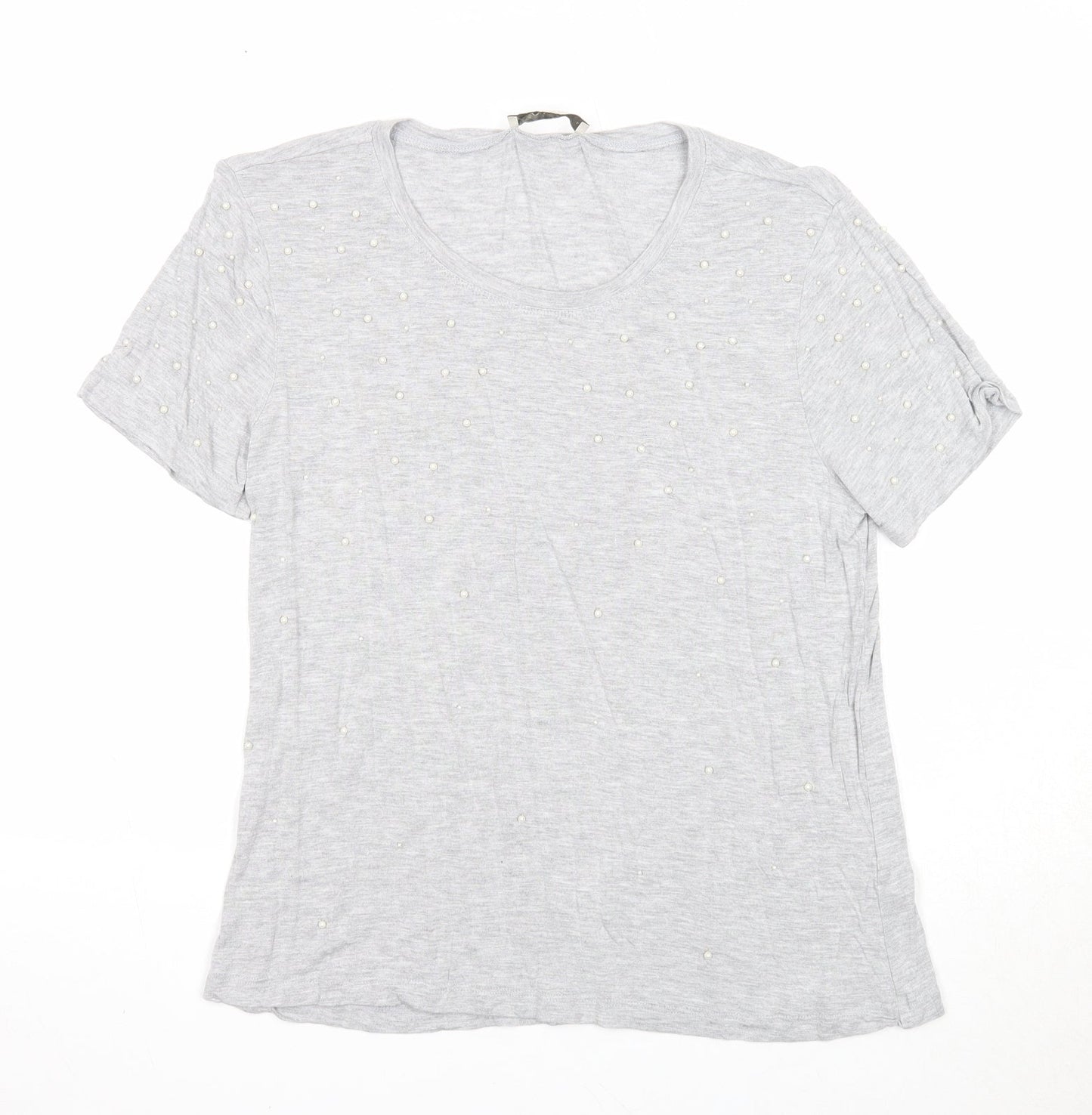 Oasis Womens Grey Viscose Basic T-Shirt Size L Round Neck