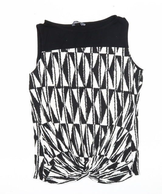 BHS Womens Black Geometric Viscose Basic Tank Size 14 Round Neck - Twist Detail