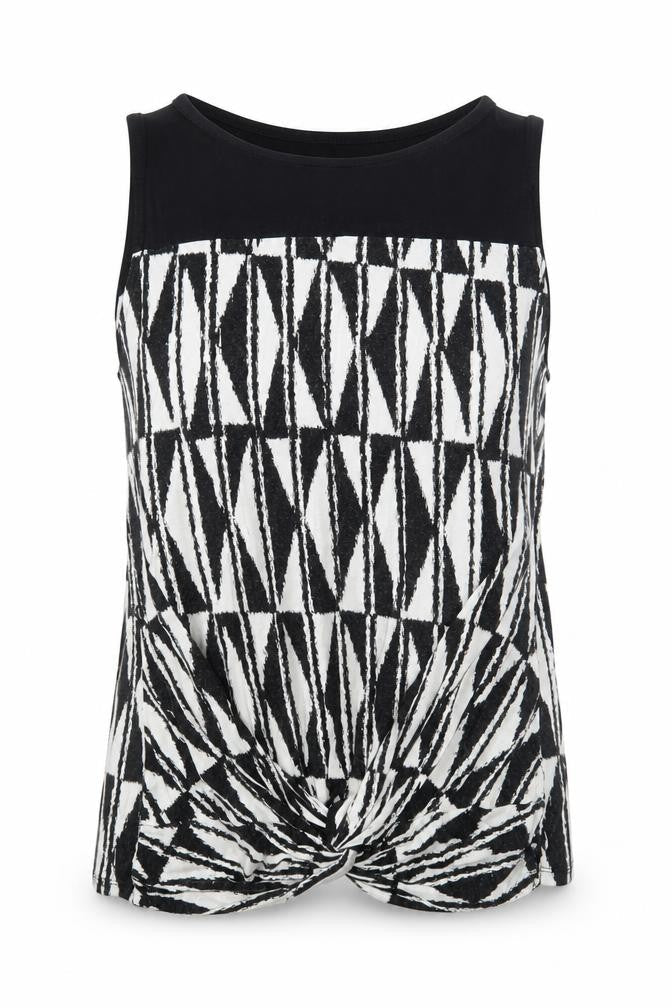 BHS Womens Black Geometric Viscose Basic Tank Size 14 Round Neck - Twist Detail