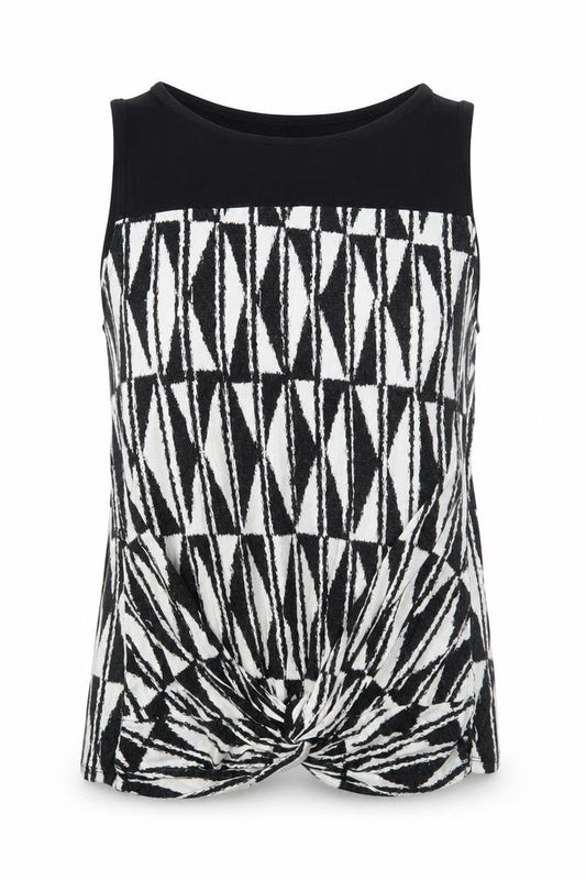 BHS Womens Black Geometric Viscose Basic Tank Size 14 Round Neck - Twist Detail