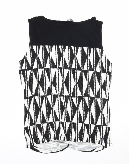 BHS Womens Black Geometric Viscose Basic Tank Size 14 Round Neck - Twist Detail